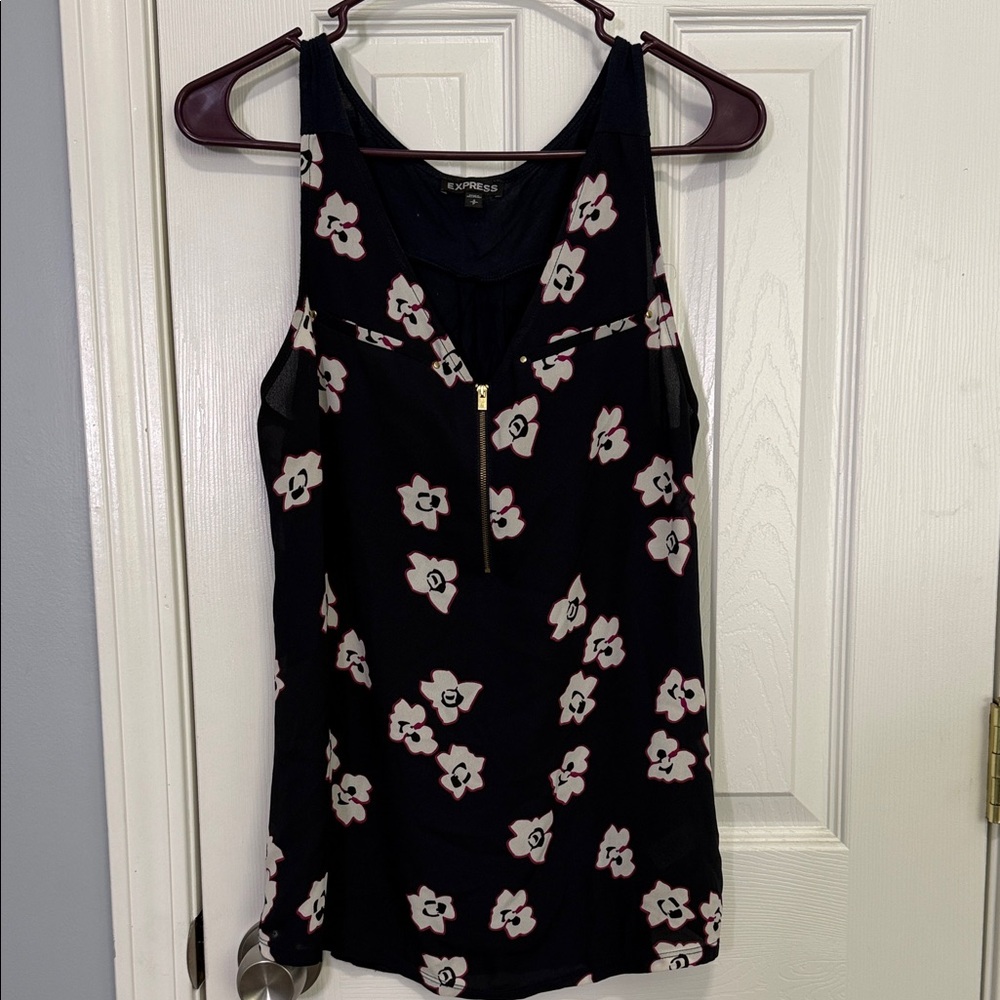Express Black Floral Tank Top with Zip Detail